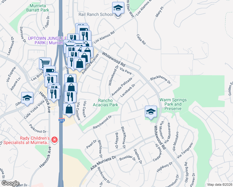 map of restaurants, bars, coffee shops, grocery stores, and more near 40054 Avenida Palizada in Murrieta