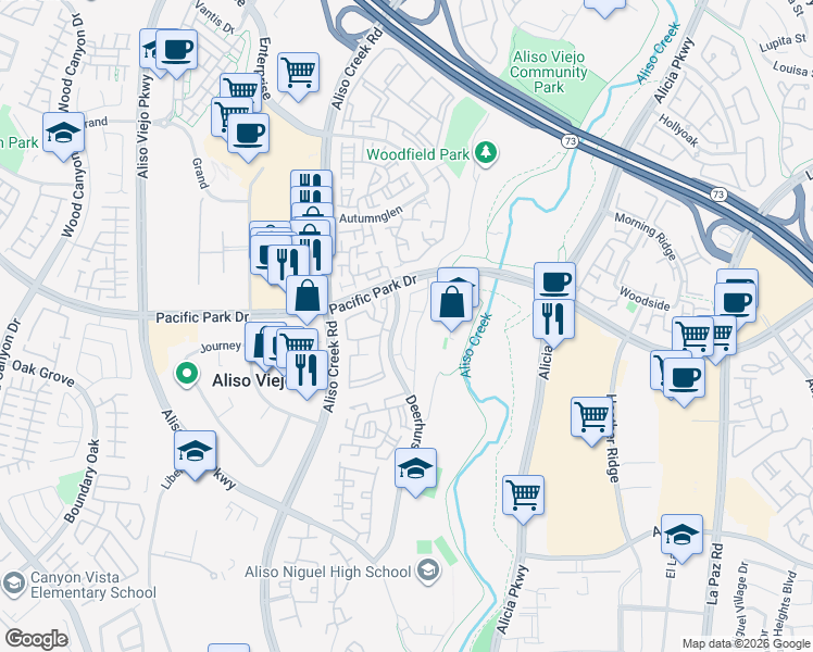 map of restaurants, bars, coffee shops, grocery stores, and more near 32 Barbados Drive in Aliso Viejo