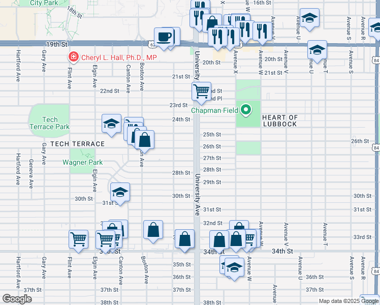 map of restaurants, bars, coffee shops, grocery stores, and more near 2504 27th Street in Lubbock