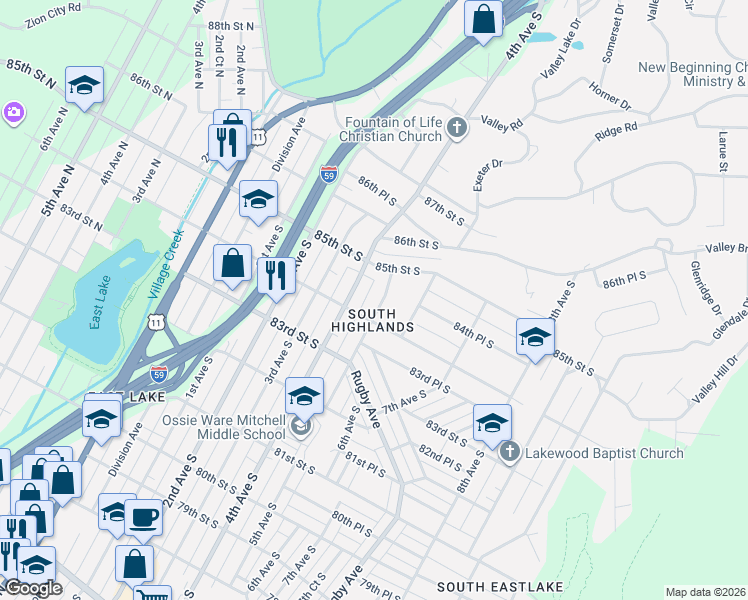 map of restaurants, bars, coffee shops, grocery stores, and more near in Birmingham