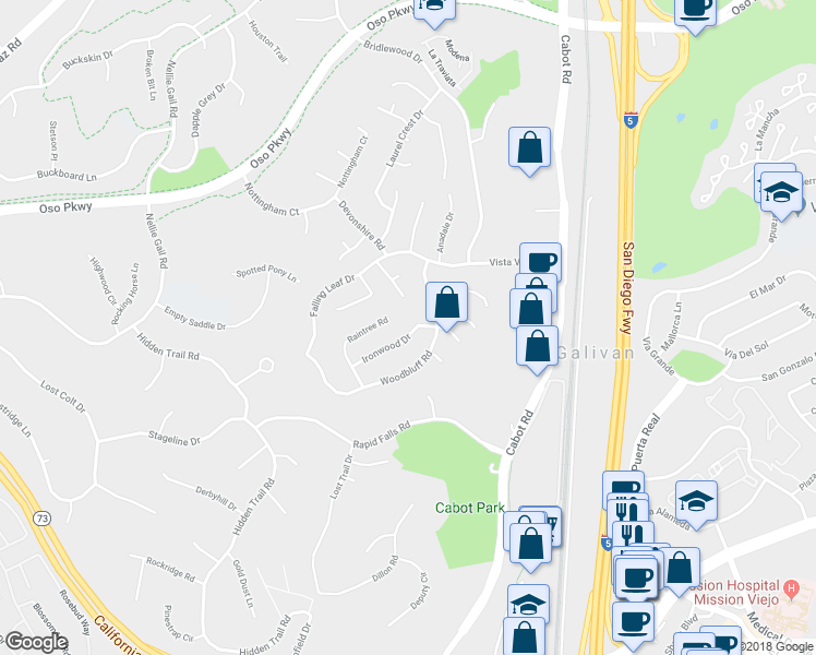 map of restaurants, bars, coffee shops, grocery stores, and more near 27041 Ironwood Drive in Laguna Hills