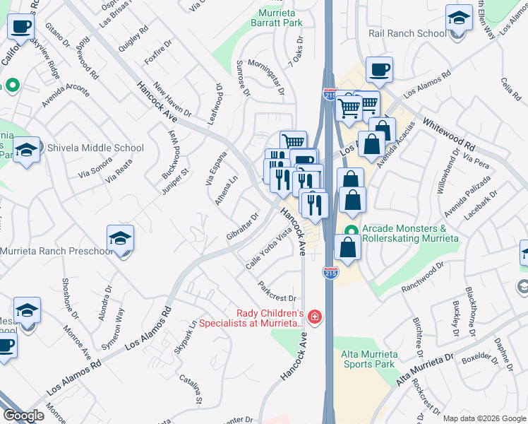 map of restaurants, bars, coffee shops, grocery stores, and more near 39990 Gibraltar Drive in Murrieta