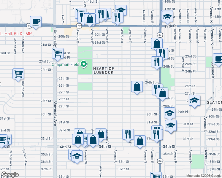 map of restaurants, bars, coffee shops, grocery stores, and more near 2120 27th Street in Lubbock
