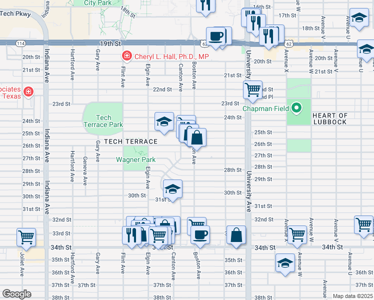 map of restaurants, bars, coffee shops, grocery stores, and more near 2704 27th Street in Lubbock