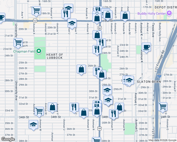 map of restaurants, bars, coffee shops, grocery stores, and more near 1901 27th Street in Lubbock