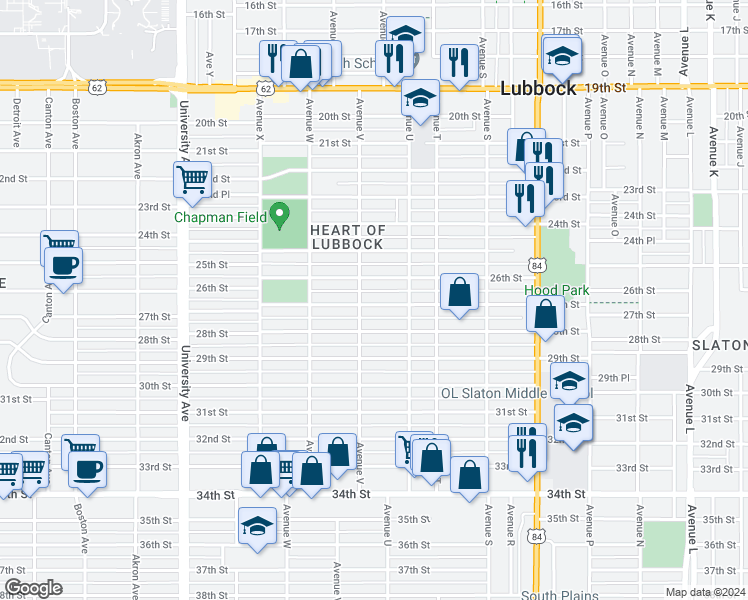 map of restaurants, bars, coffee shops, grocery stores, and more near 2118 27th Street in Lubbock