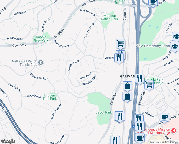 map of restaurants, bars, coffee shops, grocery stores, and more near 27041 Ironwood Drive in Laguna Hills