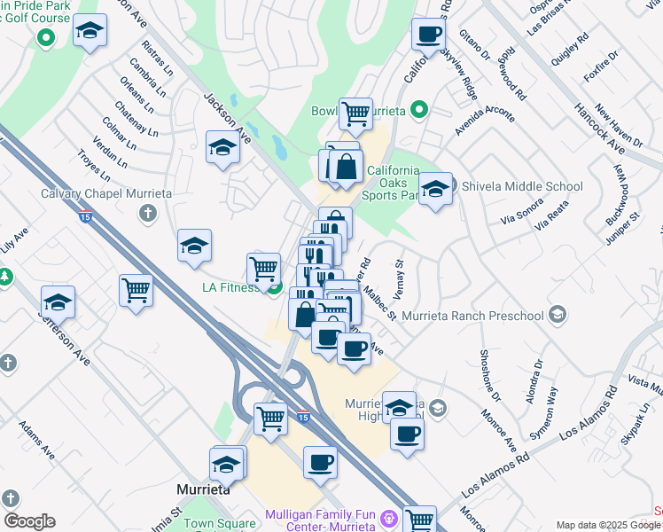 map of restaurants, bars, coffee shops, grocery stores, and more near 40702 California Oaks Road in Murrieta