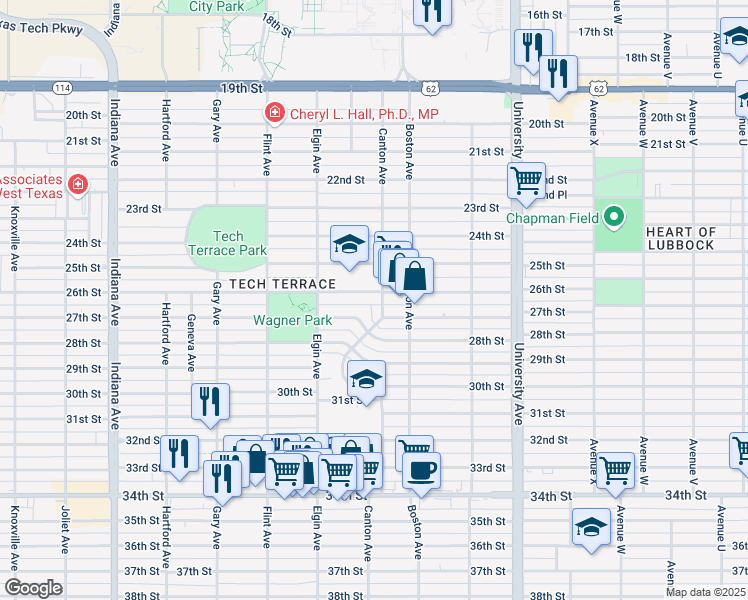 map of restaurants, bars, coffee shops, grocery stores, and more near 2808 27th Street in Lubbock