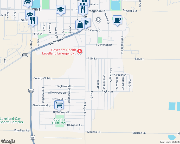 map of restaurants, bars, coffee shops, grocery stores, and more near 2019 College Avenue in Levelland