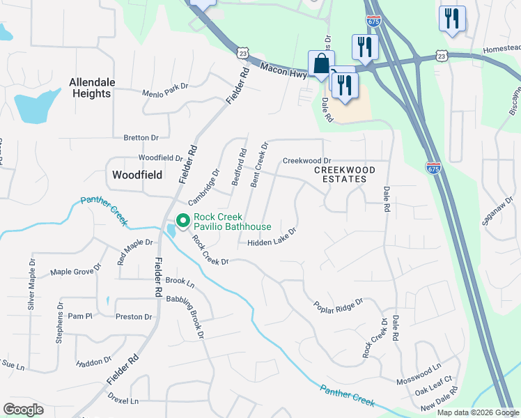 map of restaurants, bars, coffee shops, grocery stores, and more near 3164 Creekwood Drive in Rex