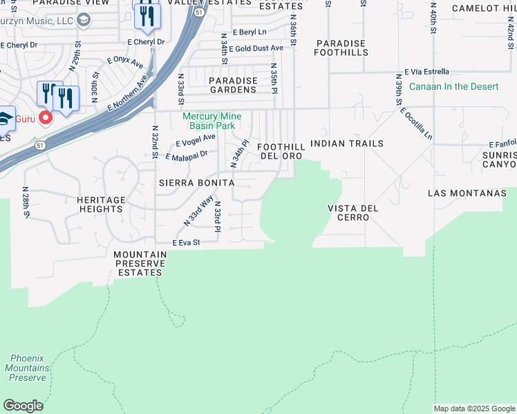 map of restaurants, bars, coffee shops, grocery stores, and more near 3444 East Mission Lane in Phoenix