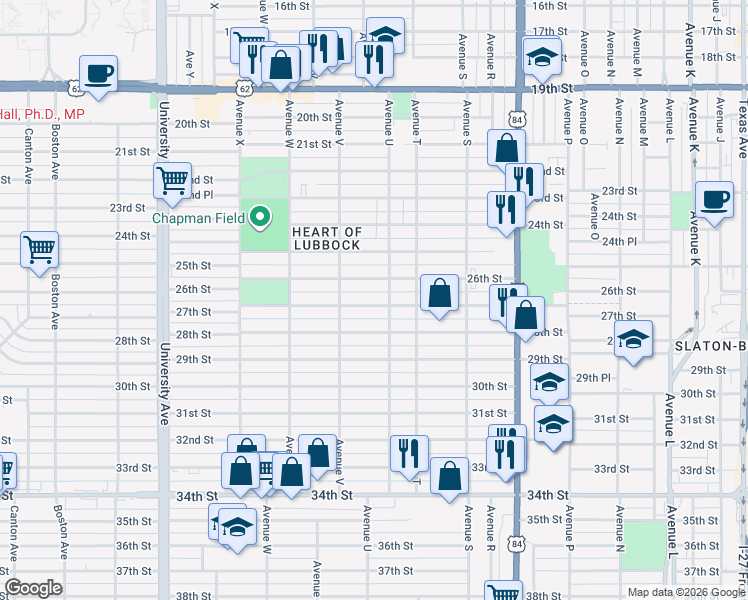 map of restaurants, bars, coffee shops, grocery stores, and more near 2113 27th Street in Lubbock