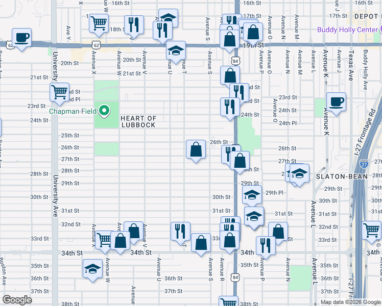 map of restaurants, bars, coffee shops, grocery stores, and more near 1917 27th Street in Lubbock