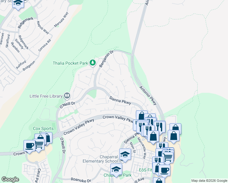 map of restaurants, bars, coffee shops, grocery stores, and more near 54 Laurelhurst Drive in Ladera Ranch