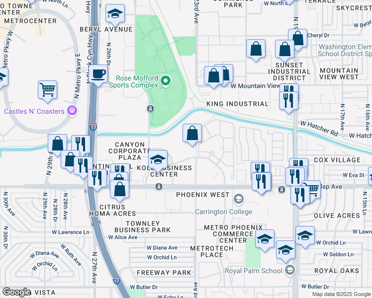 map of restaurants, bars, coffee shops, grocery stores, and more near 2234-2314 W Mission Ln in Phoenix