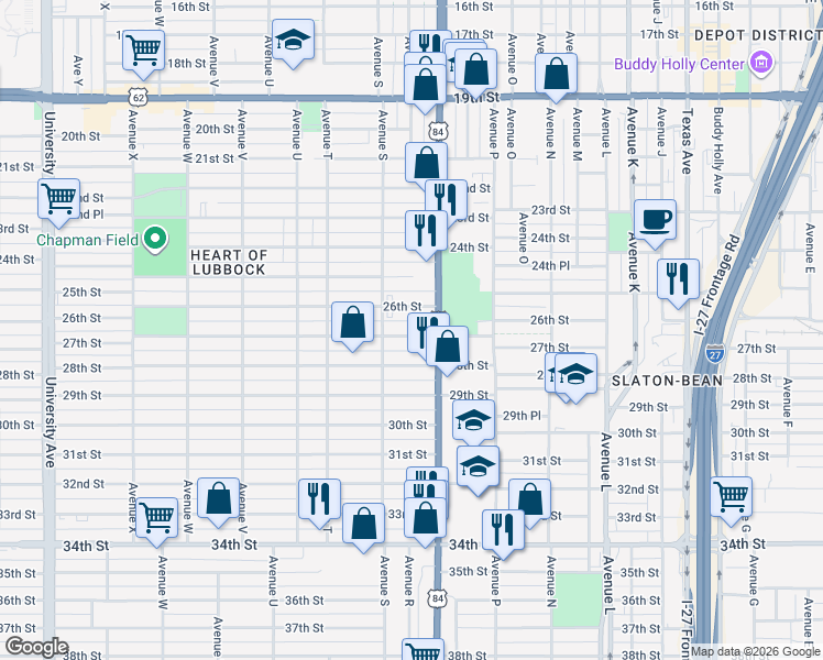map of restaurants, bars, coffee shops, grocery stores, and more near 1707 27th Street in Lubbock