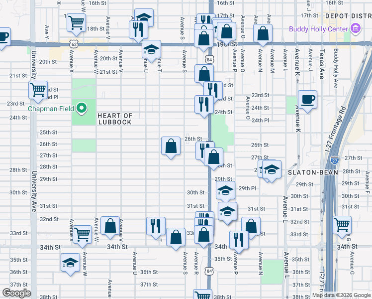 map of restaurants, bars, coffee shops, grocery stores, and more near 1901 27th Street in Lubbock
