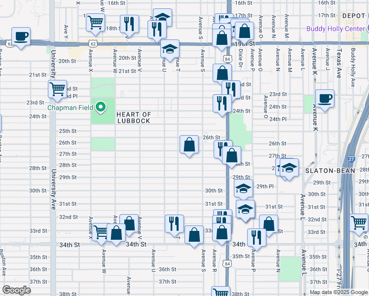 map of restaurants, bars, coffee shops, grocery stores, and more near 1917 27th Street in Lubbock