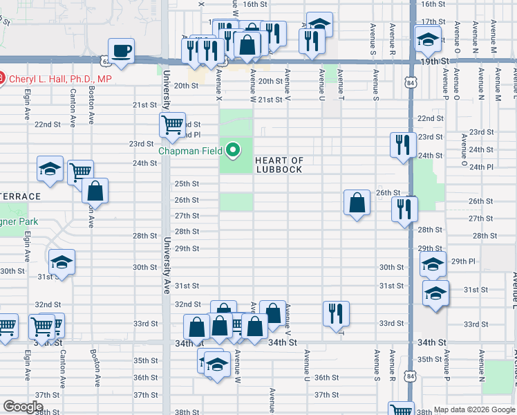 map of restaurants, bars, coffee shops, grocery stores, and more near 2223 27th Street in Lubbock