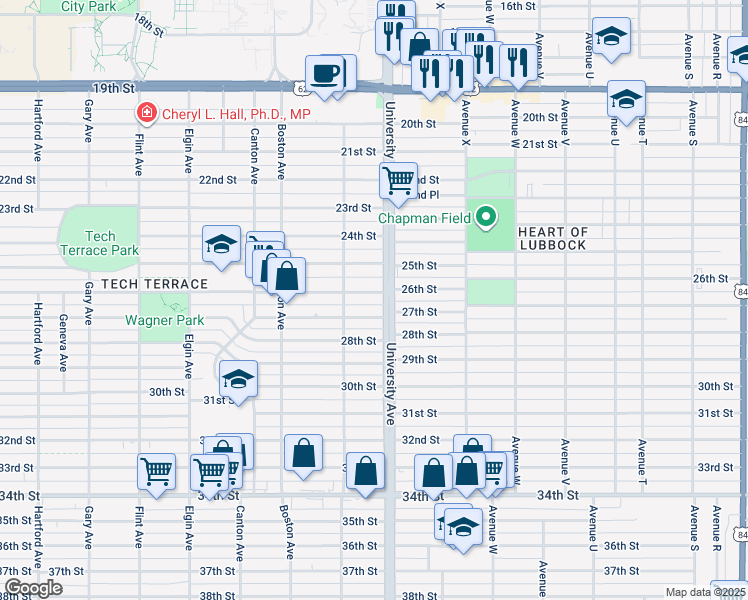 map of restaurants, bars, coffee shops, grocery stores, and more near 2504 27th Street in Lubbock