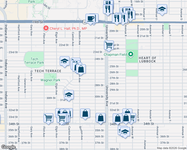 map of restaurants, bars, coffee shops, grocery stores, and more near 2608 Akron Avenue in Lubbock
