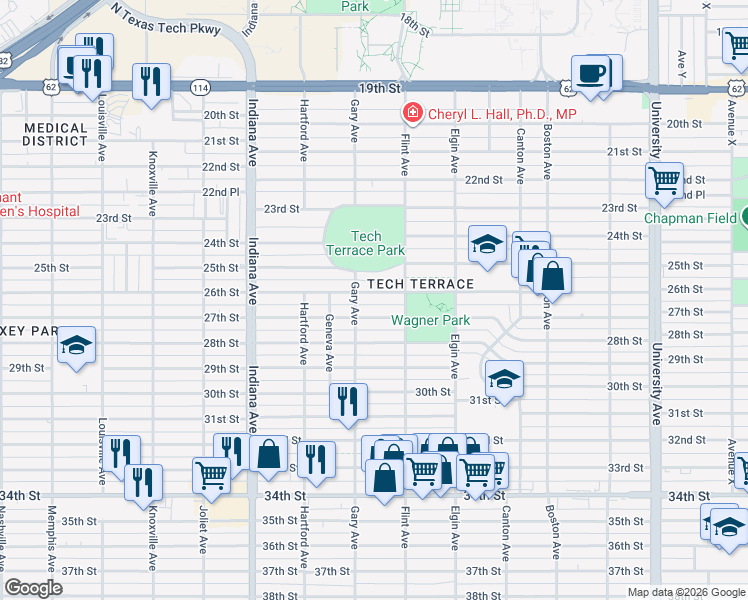 map of restaurants, bars, coffee shops, grocery stores, and more near 3118 27th Street in Lubbock