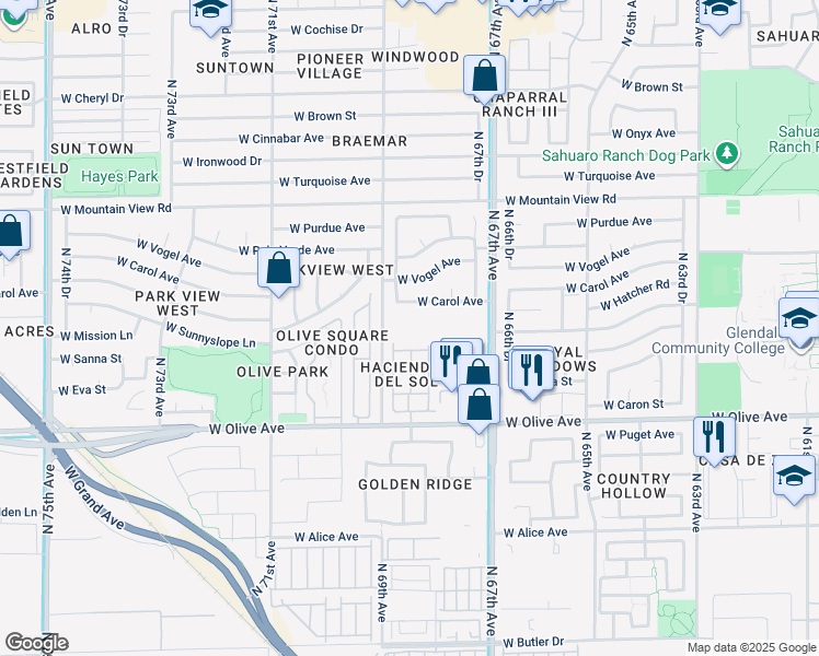 map of restaurants, bars, coffee shops, grocery stores, and more near 9350 North 67th Avenue in Glendale