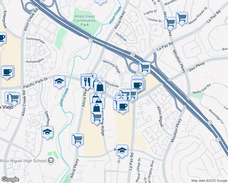 map of restaurants, bars, coffee shops, grocery stores, and more near 1 Hollyhock Lane in Aliso Viejo