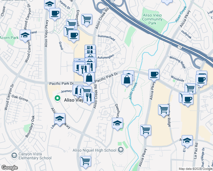 map of restaurants, bars, coffee shops, grocery stores, and more near 23412 Pacific Park Drive in Aliso Viejo