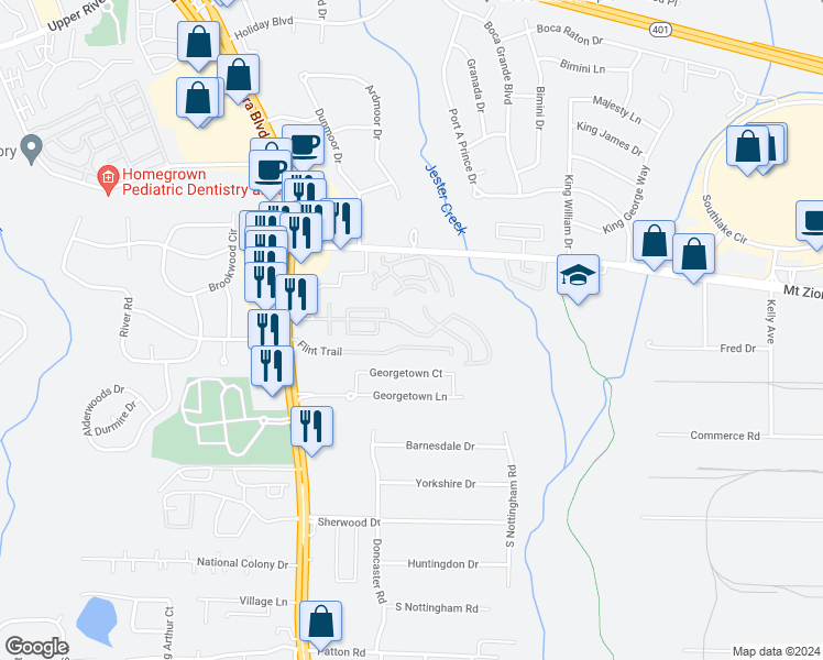 map of restaurants, bars, coffee shops, grocery stores, and more near Flint Trail in Jonesboro