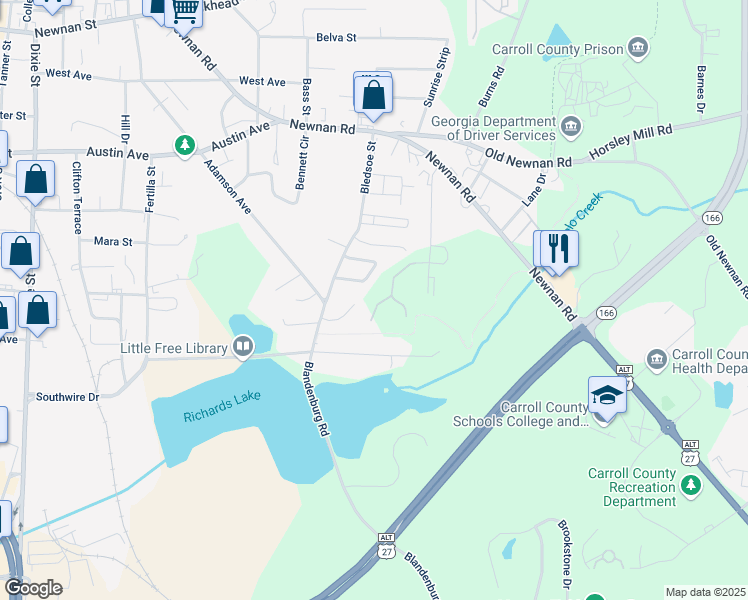 map of restaurants, bars, coffee shops, grocery stores, and more near 204 Laney Drive in Locust Grove