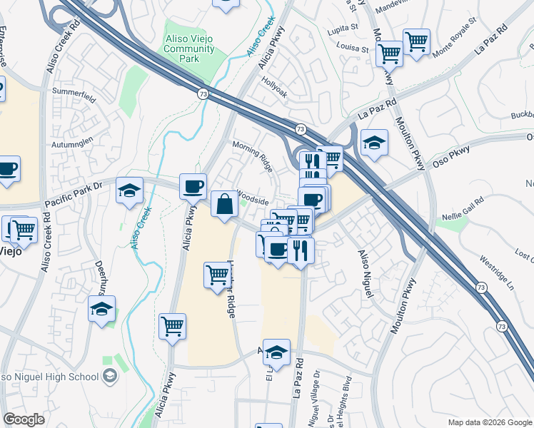 map of restaurants, bars, coffee shops, grocery stores, and more near 38 Coventry Lane in Aliso Viejo
