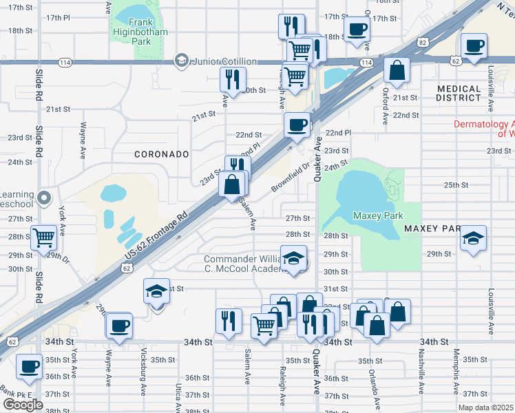 map of restaurants, bars, coffee shops, grocery stores, and more near 4510 27th Street in Lubbock