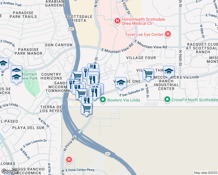 map of restaurants, bars, coffee shops, grocery stores, and more near 9060 E Vía Linda in Scottsdale