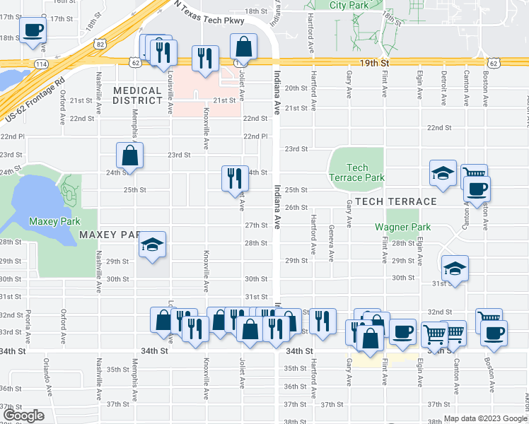 map of restaurants, bars, coffee shops, grocery stores, and more near 3407 26th Street in Lubbock