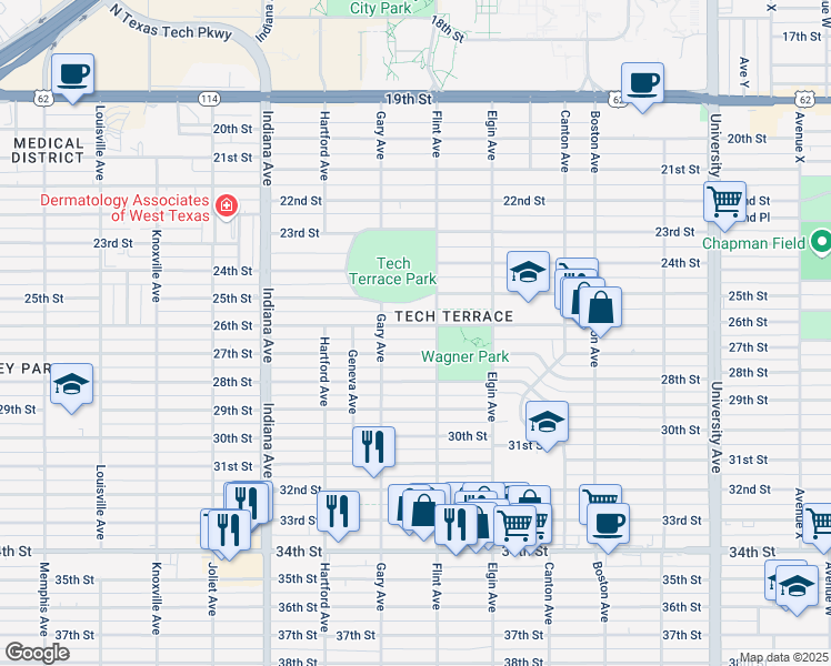 map of restaurants, bars, coffee shops, grocery stores, and more near in Lubbock