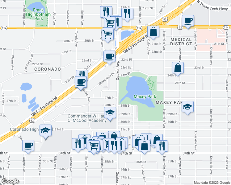 map of restaurants, bars, coffee shops, grocery stores, and more near 4401 26th Street in Lubbock