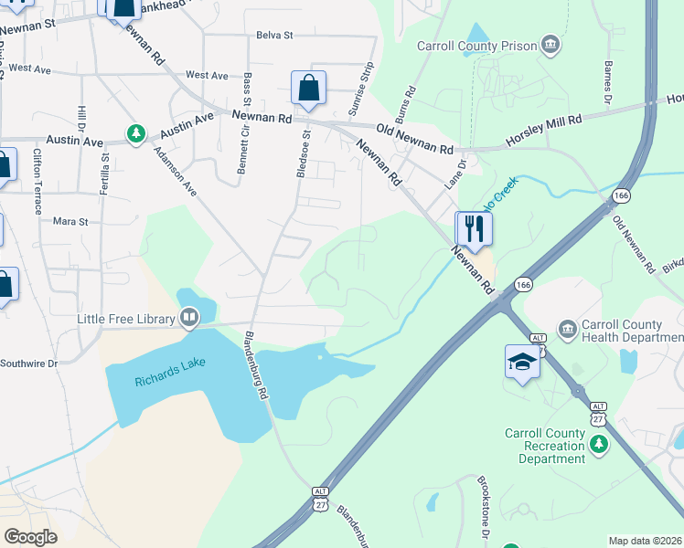 map of restaurants, bars, coffee shops, grocery stores, and more near 111 Theseus Court in Carrollton