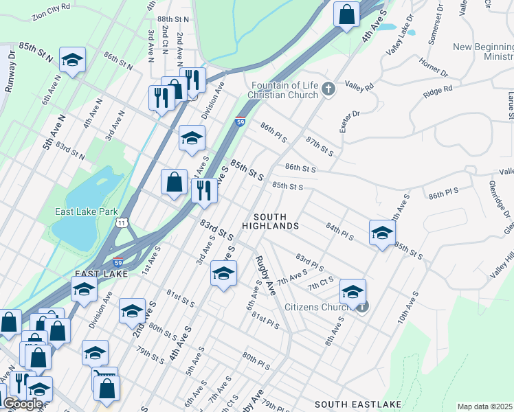 map of restaurants, bars, coffee shops, grocery stores, and more near 8409 4th Avenue South in Birmingham