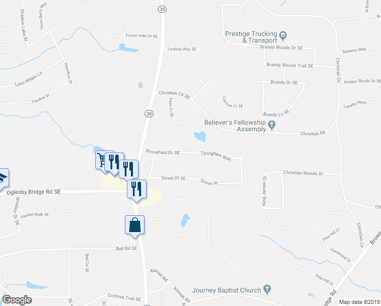 map of restaurants, bars, coffee shops, grocery stores, and more near 1113 Brookfield Drive Southeast in Conyers
