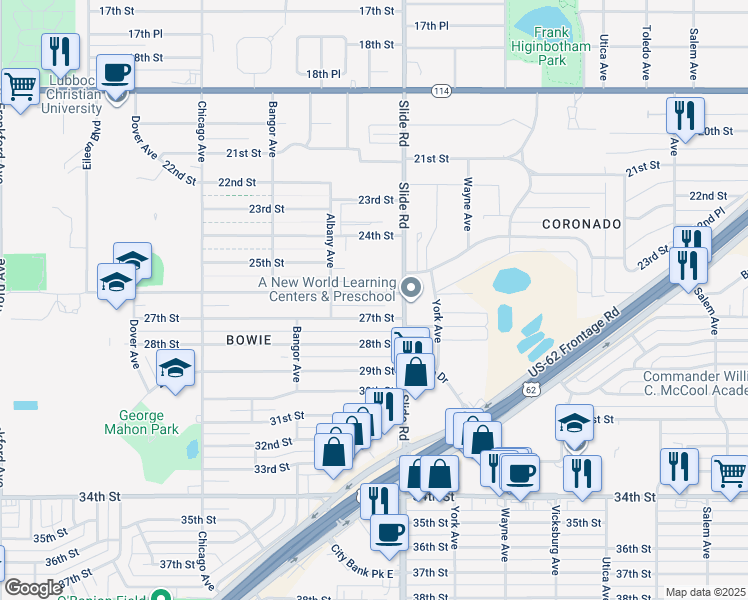 map of restaurants, bars, coffee shops, grocery stores, and more near 5209 26th Street in Lubbock