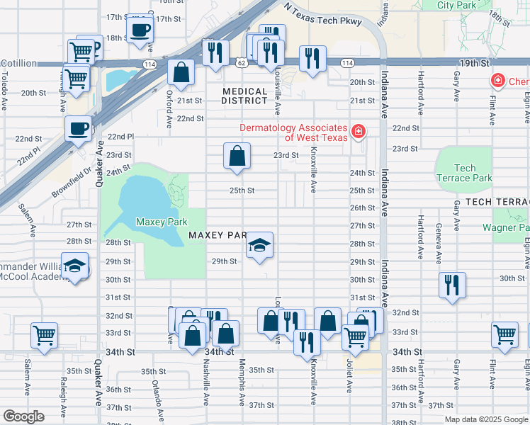 map of restaurants, bars, coffee shops, grocery stores, and more near 3706 27th Street in Lubbock