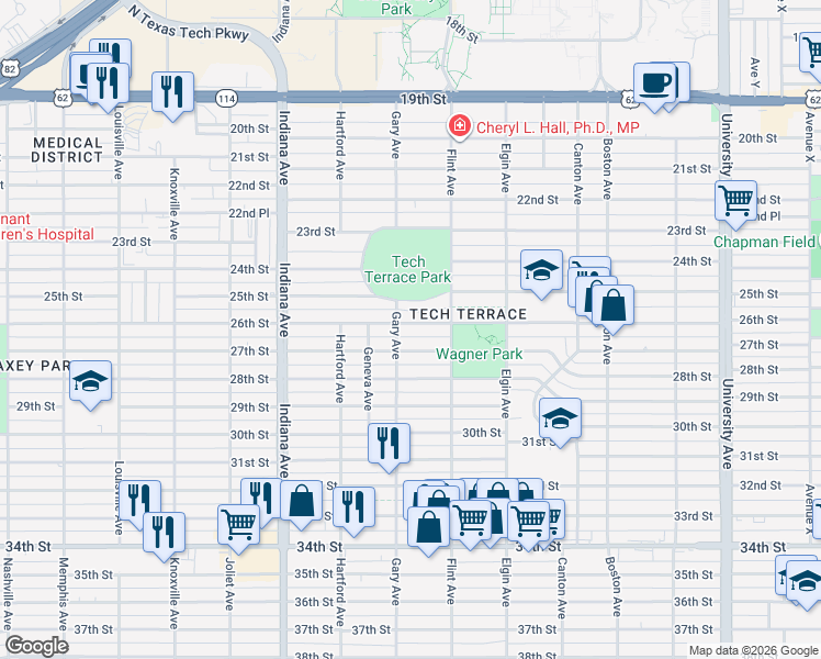 map of restaurants, bars, coffee shops, grocery stores, and more near 3118 27th Street in Lubbock
