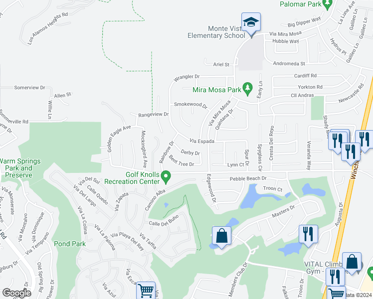 map of restaurants, bars, coffee shops, grocery stores, and more near 29138 Derby Drive in Murrieta