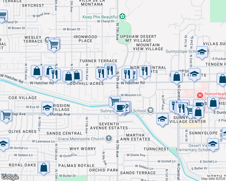 map of restaurants, bars, coffee shops, grocery stores, and more near 826 Mission Lane in Phoenix