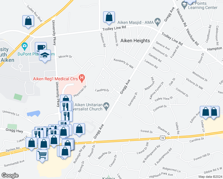 map of restaurants, bars, coffee shops, grocery stores, and more near 201 Landing Drive in Aiken