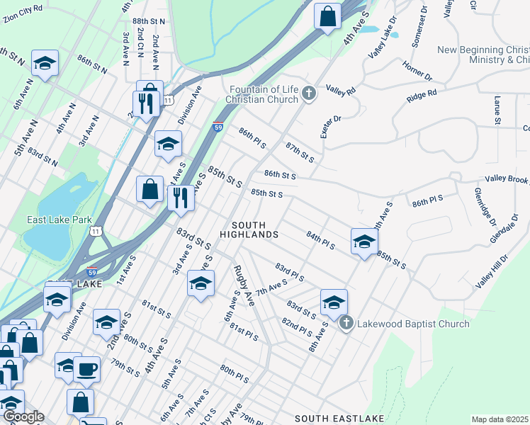 map of restaurants, bars, coffee shops, grocery stores, and more near 8423 5th Avenue South in Birmingham