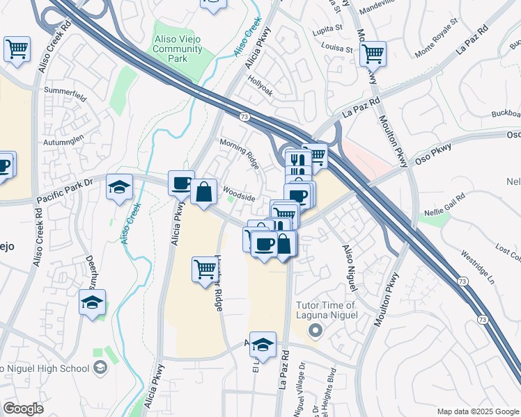 map of restaurants, bars, coffee shops, grocery stores, and more near 21 Hollyhock Lane in Aliso Viejo