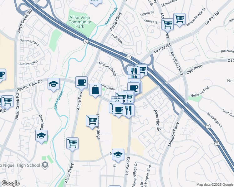 map of restaurants, bars, coffee shops, grocery stores, and more near 31 Coventry Lane in Aliso Viejo